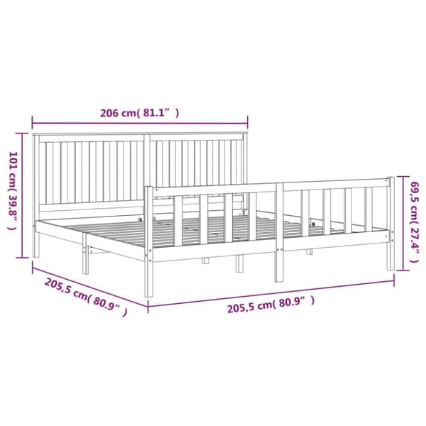 sengeramme med sengegavl 200x200 cm massivt fyrretræ grå