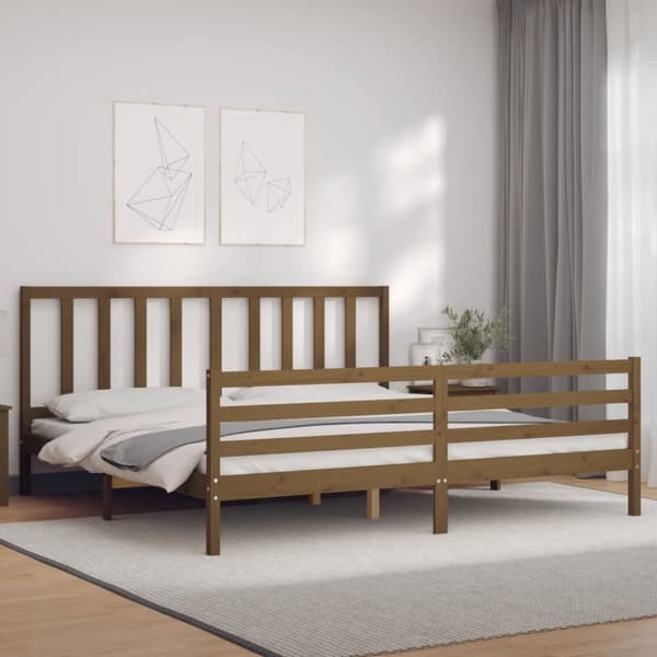 sengeramme med sengegavl 200x200 cm massivt træ gyldenbrun