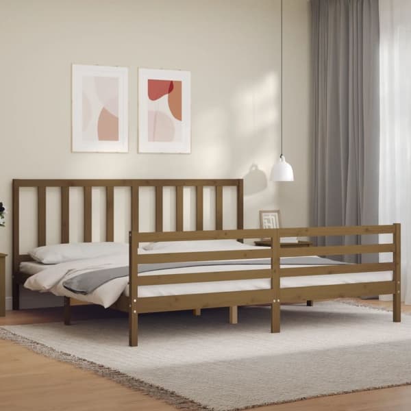 sengeramme med sengegavl 200x200 cm massivt træ gyldenbrun