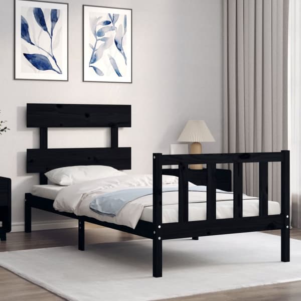 Sängram med huvudgavel svart 100x200 cm massivt trä