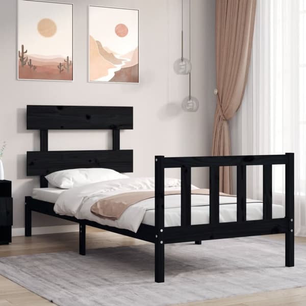 Sängram med huvudgavel svart 100x200 cm massivt trä