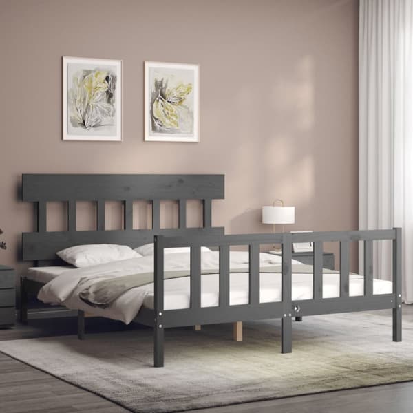 sengeramme med sengegavl kingsize massivt træ grå