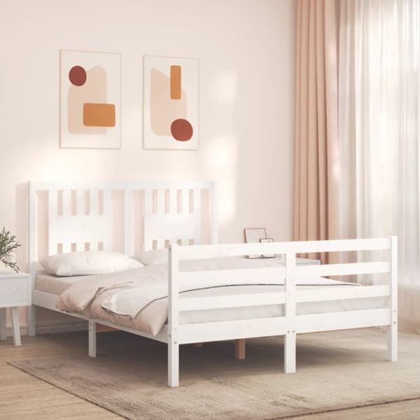 Sängram med huvudgavel vit 140x190 cm massivt trä