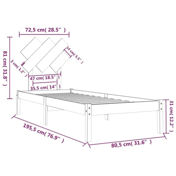 Sängram massiv furu 75x190 cm svart