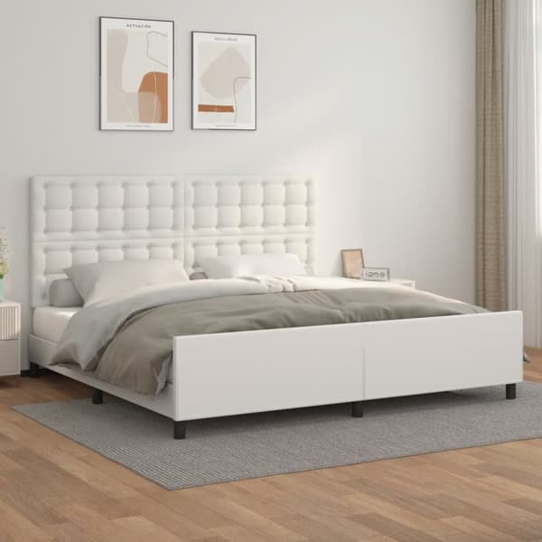 Sängram med huvudgavel vit 200x200 cm konstläder