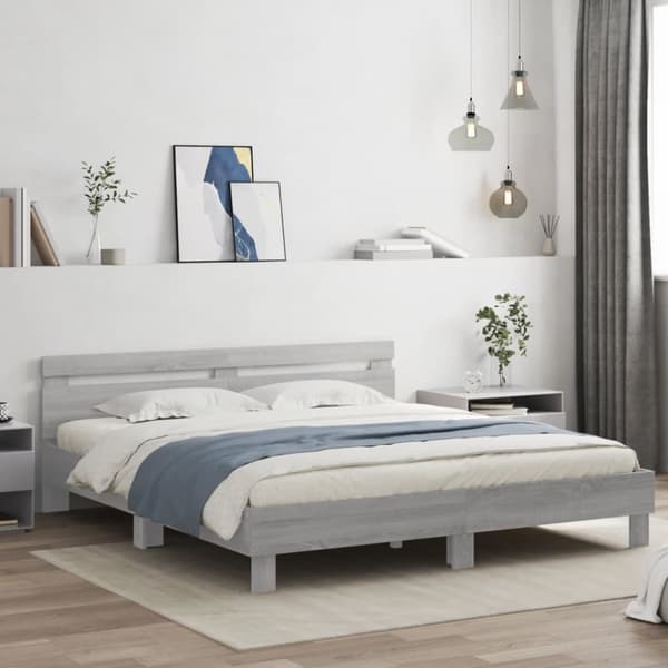 sengeramme med sengegavl og LED-lys 200x200 cm grå sonoma-eg