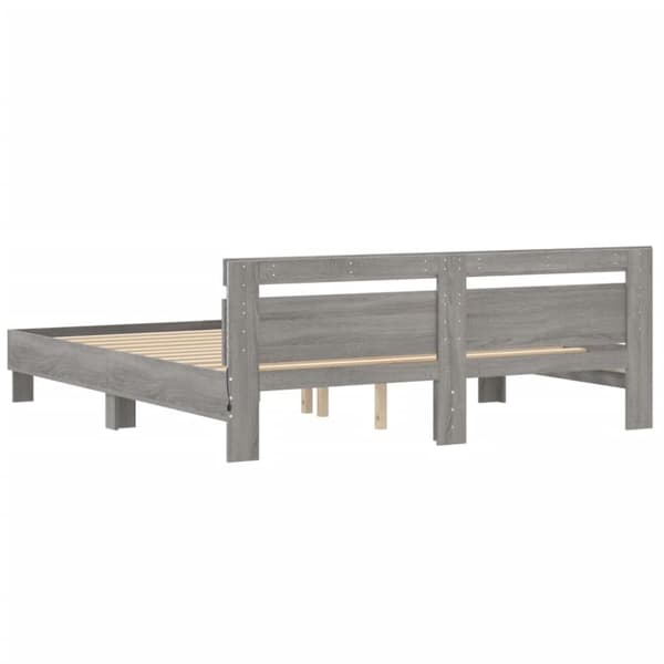 sengeramme med sengegavl og LED-lys 200x200 cm grå sonoma-eg