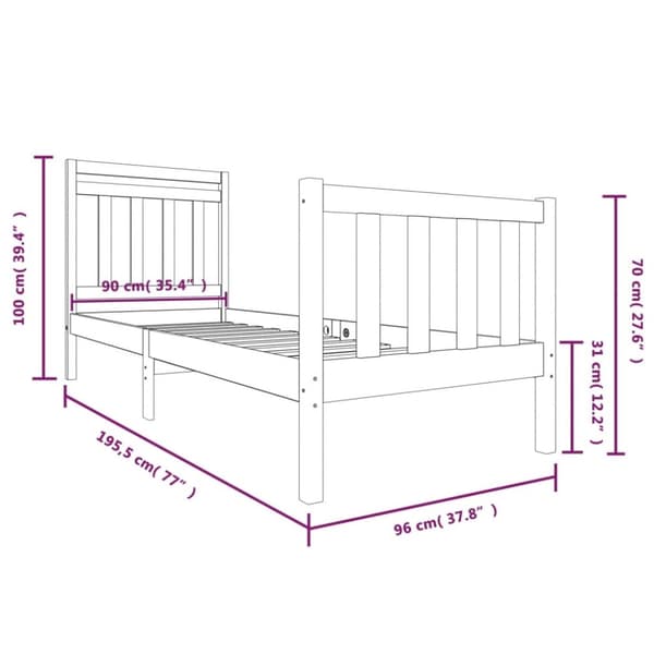 Sängram massiv furu 90x190 cm vit