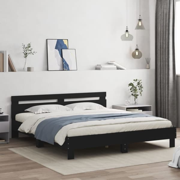 sengeramme med sengegavl og LED-lys 160x200 cm sort