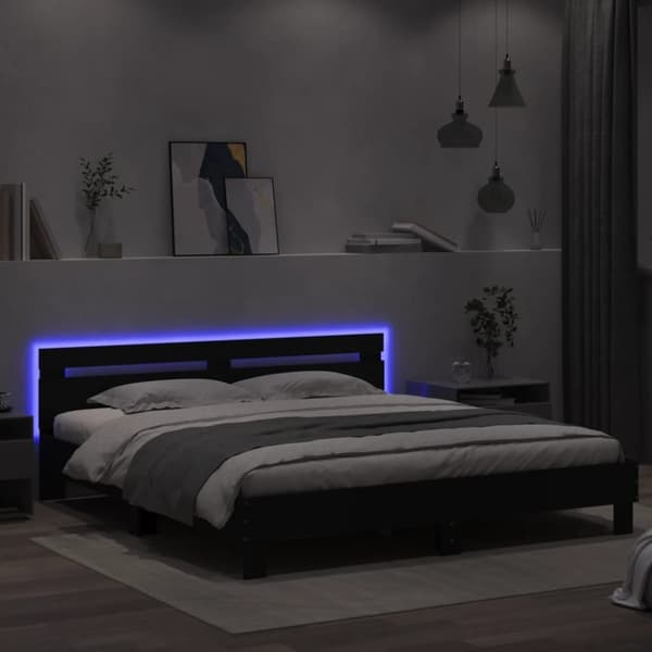 sengeramme med sengegavl og LED-lys 160x200 cm sort