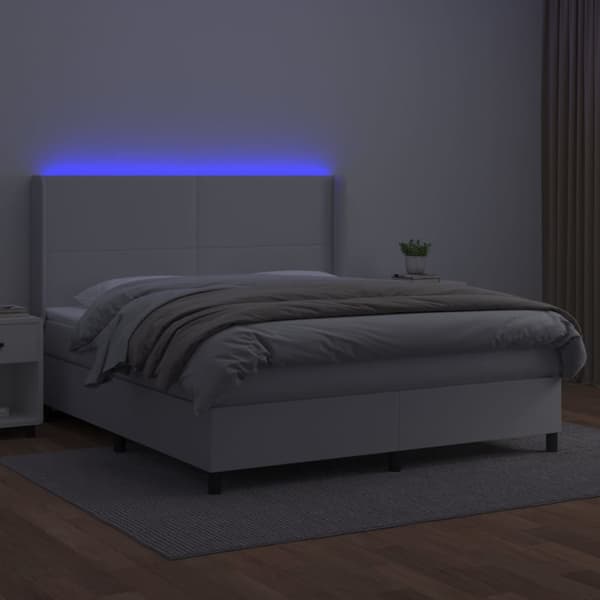 Ramsäng med madrass & LED vit 160x200 cm konstläder