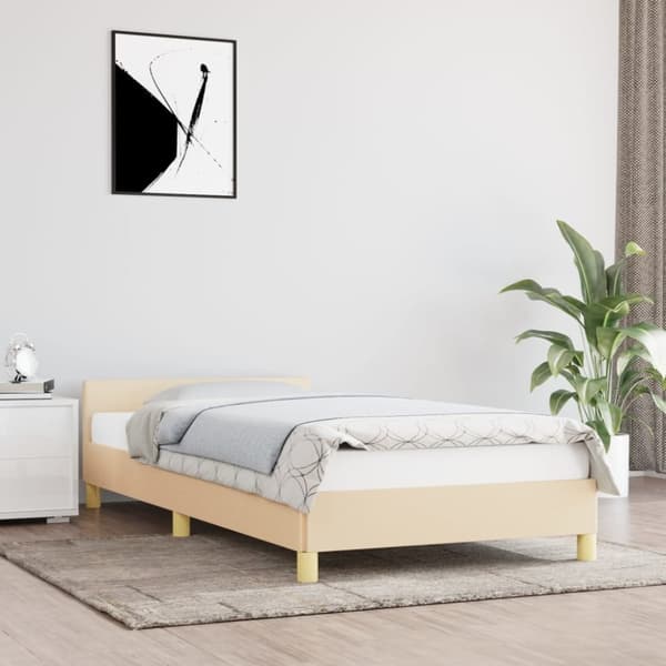 Sängram med huvudgavel gräddvit 90x200 cm tyg