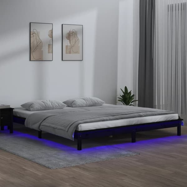 Sängram LED svart 200x200 cm massivt trä