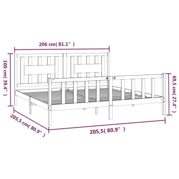 Sängynrunko päätylevyllä harmaa täysi mänty 200x200 cm