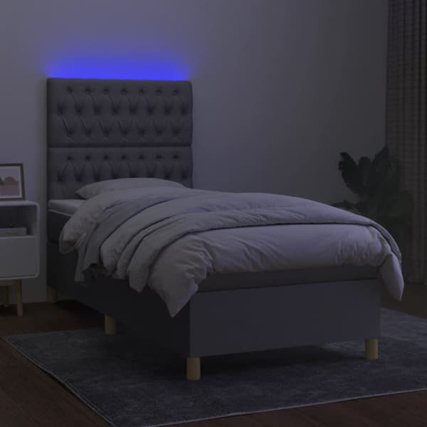 Ramsäng med madrass & LED ljusgrå 90x200 cm tyg