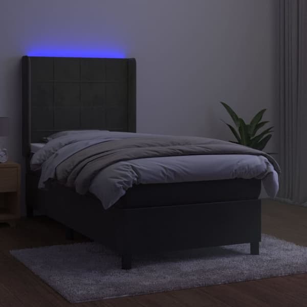 Ramsäng med madrass & LED mörkgrå 90x190 cm sammet