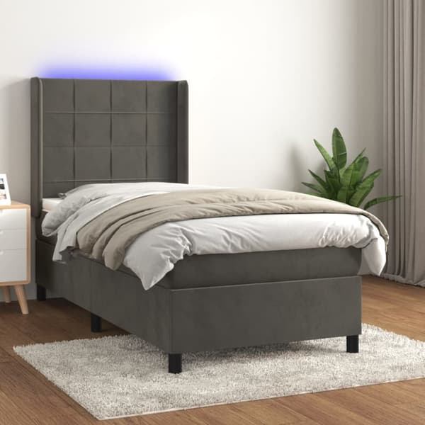 Ramsäng med madrass & LED mörkgrå 90x190 cm sammet