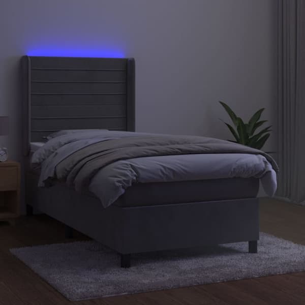 kontinentalseng med LED-lys 90x190 cm fløjl lysegrå