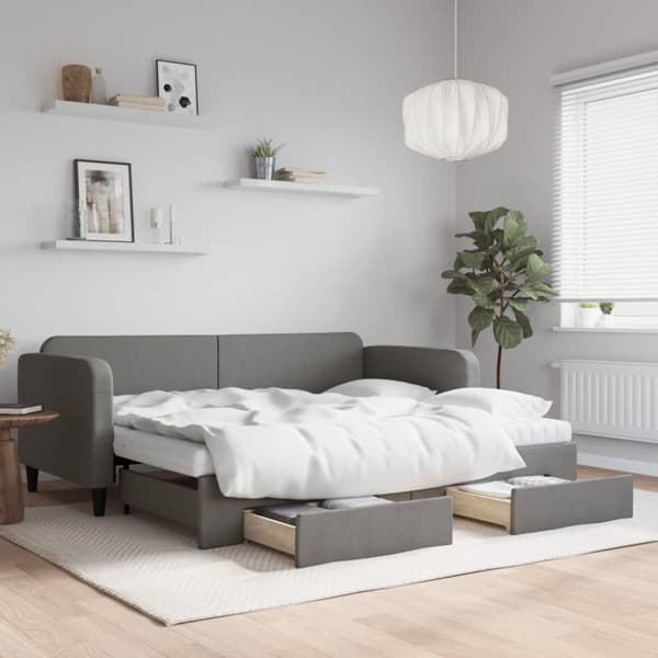 daybed med udtræk og skuffer 90x190 cm stof mørkegrå