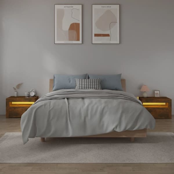 sengeborde med LED-lys 2 stk. 60x35x40 cm røget eg