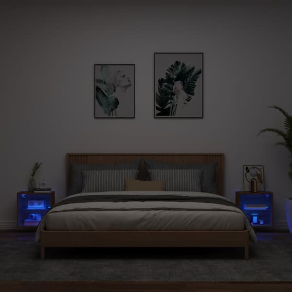Väggmonterade sängbord med LED-lampor 2 st brun ek