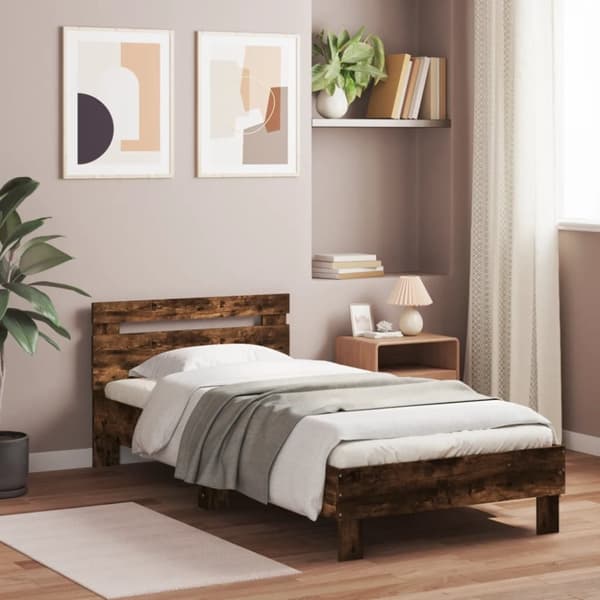 Sängram med huvudgavel rökfärgad ek 90x190 cm konstruerat trä