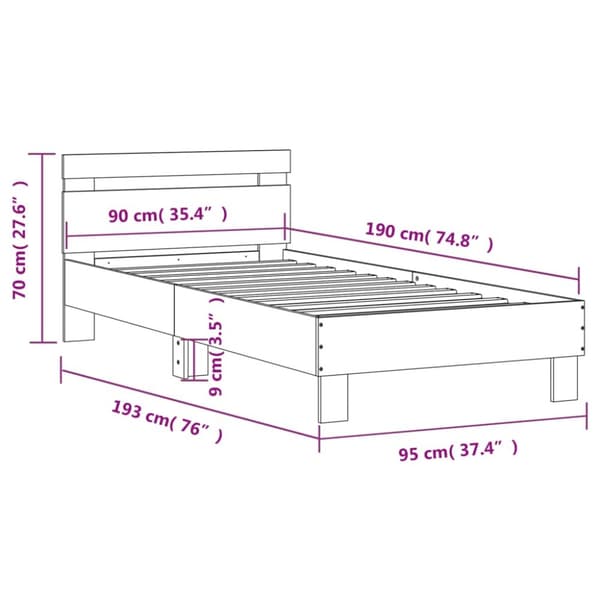 Sängram med huvudgavel rökfärgad ek 90x190 cm konstruerat trä