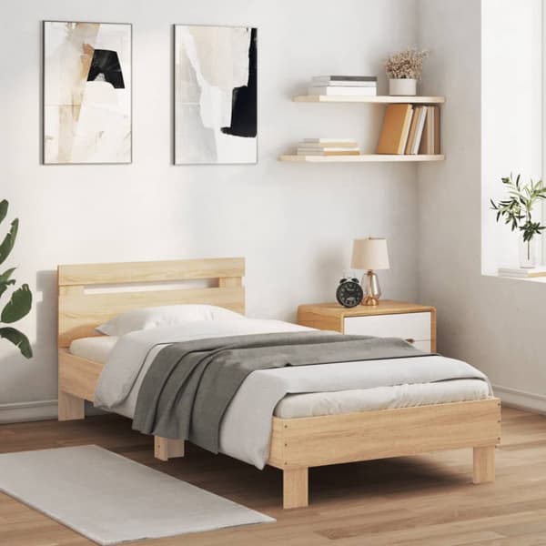 sengeramme med sengegavl og LED-lys 90x190 cm sonoma-eg