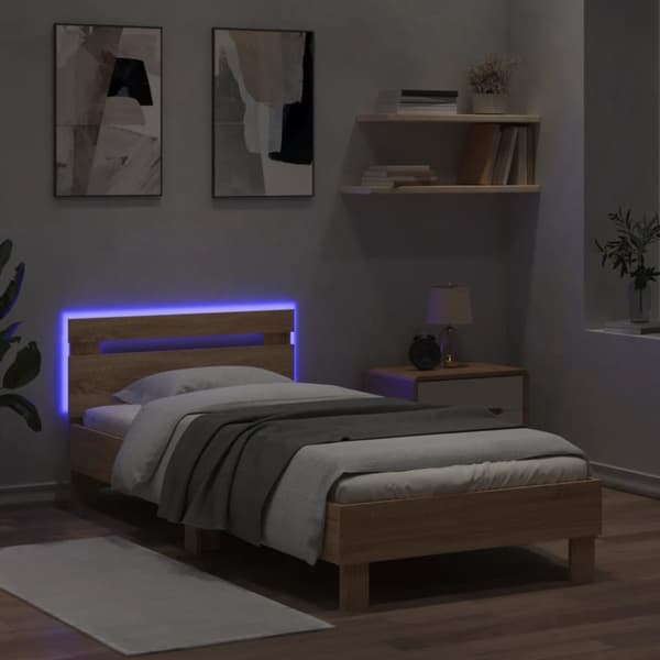 sengeramme med sengegavl og LED-lys 90x190 cm sonoma-eg