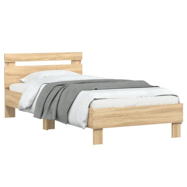 sengeramme med sengegavl og LED-lys 90x190 cm sonoma-eg