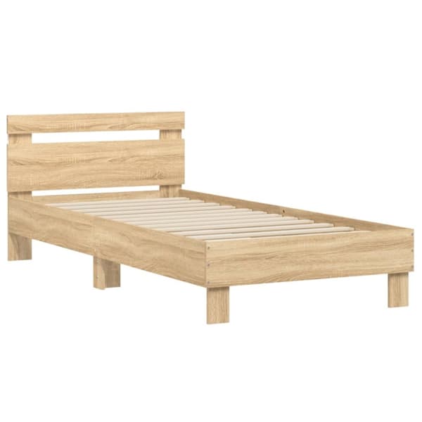 sengeramme med sengegavl og LED-lys 90x190 cm sonoma-eg