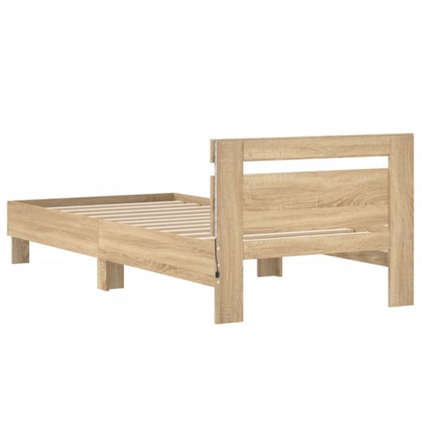 sengeramme med sengegavl og LED-lys 90x190 cm sonoma-eg