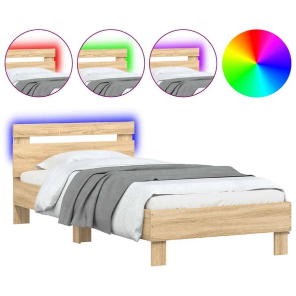sengeramme med sengegavl og LED-lys 90x190 cm sonoma-eg