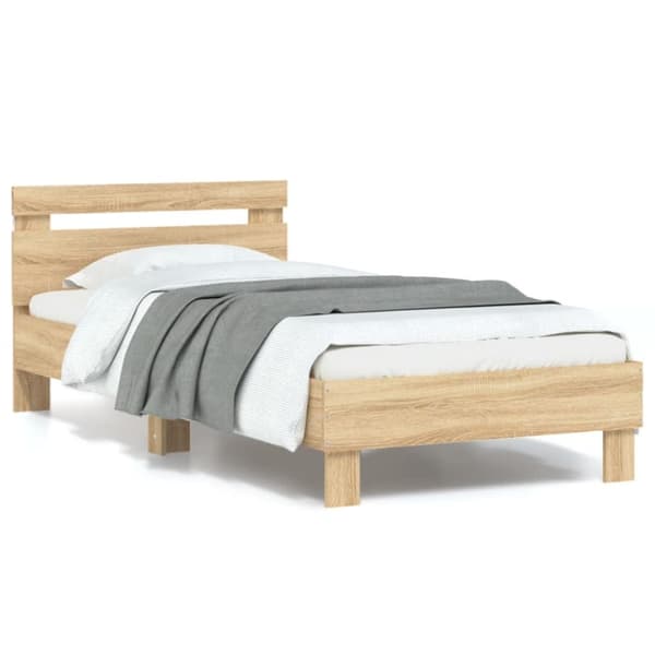 sengeramme med sengegavl og LED-lys 90x190 cm sonoma-eg
