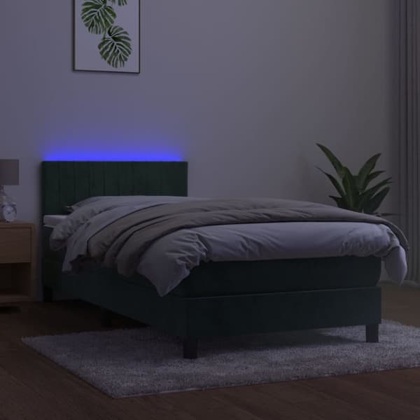 Ramsäng med madrass & LED mörkgrön 90x200 cm sammet