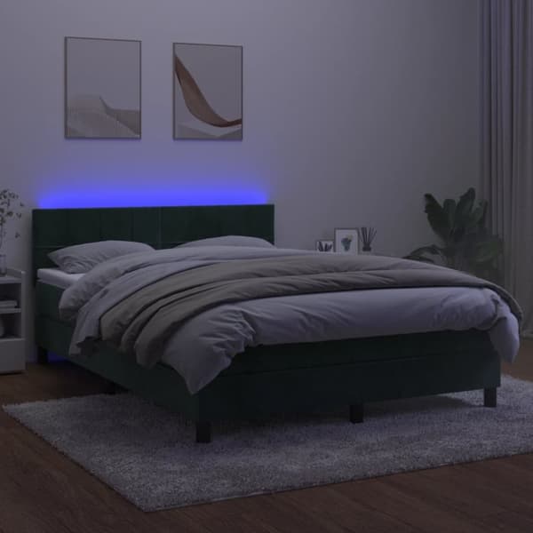 kontinentalseng med LED-lys 140x200 cm fløjl mørkegrøn