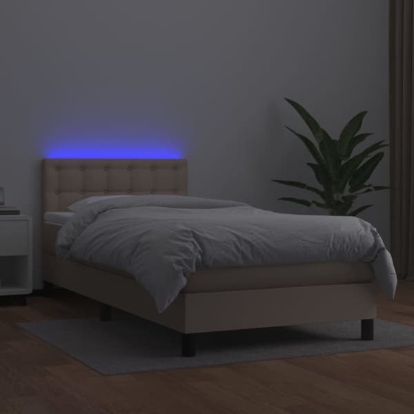 kontinentalseng LED-lys 100x200 cm kunstlæder cappuccinofarvet
