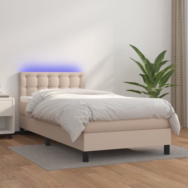 kontinentalseng LED-lys 100x200 cm kunstlæder cappuccinofarvet