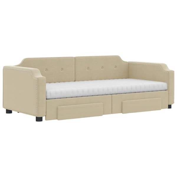 daybed med udtræk og skuffer 100x200 cm stof cremefarvet