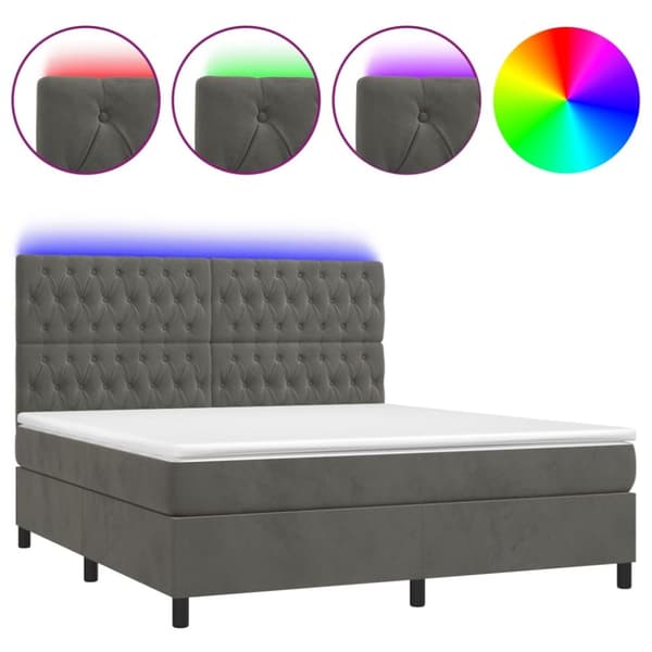 Ramsäng med madrass & LED mörkgrå 160x200 cm sammet