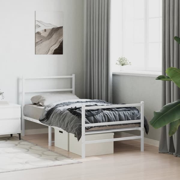 Sängram med huvudgavel och fotgavel vit metall 90x190 cm