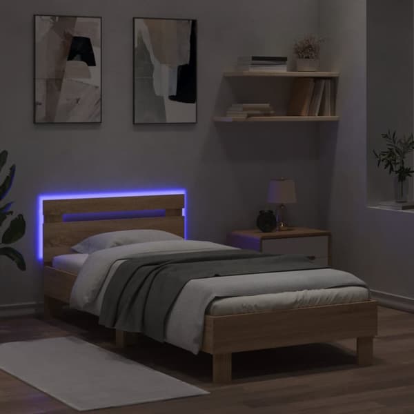 Sängynrunko päädyllä ja LED-valoilla Sonoma-tammi 75x190 cm