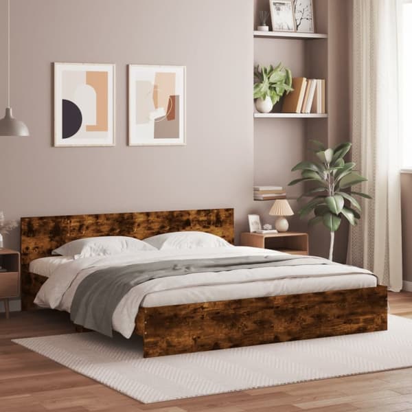 Sängram med huvudgavel och LED rökfärgad ek 200x200 cm