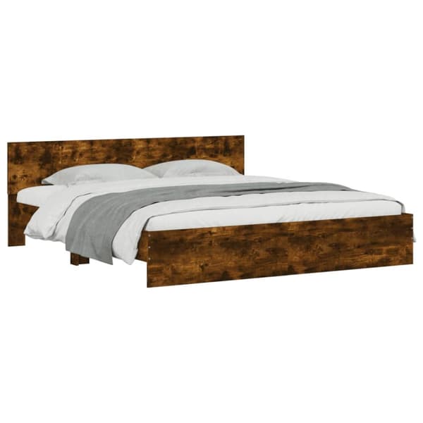 Sängram med huvudgavel och LED rökfärgad ek 200x200 cm