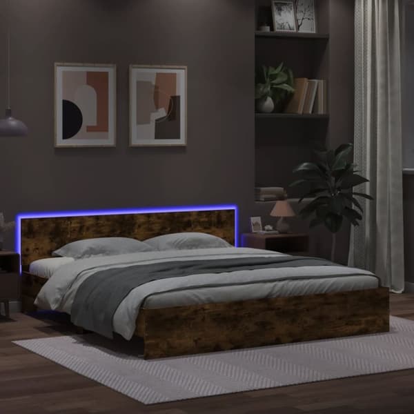 Sängram med huvudgavel och LED rökfärgad ek 200x200 cm