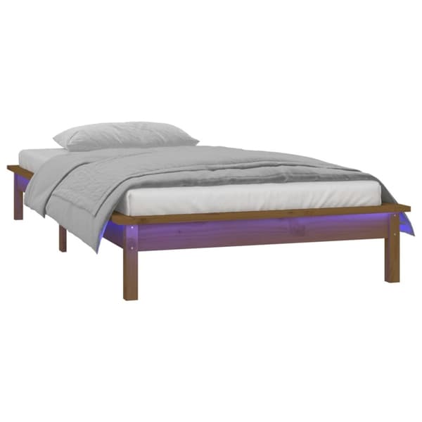 sengeramme med LED-lys 90x190 cm Single massivt træ gyldenbrun