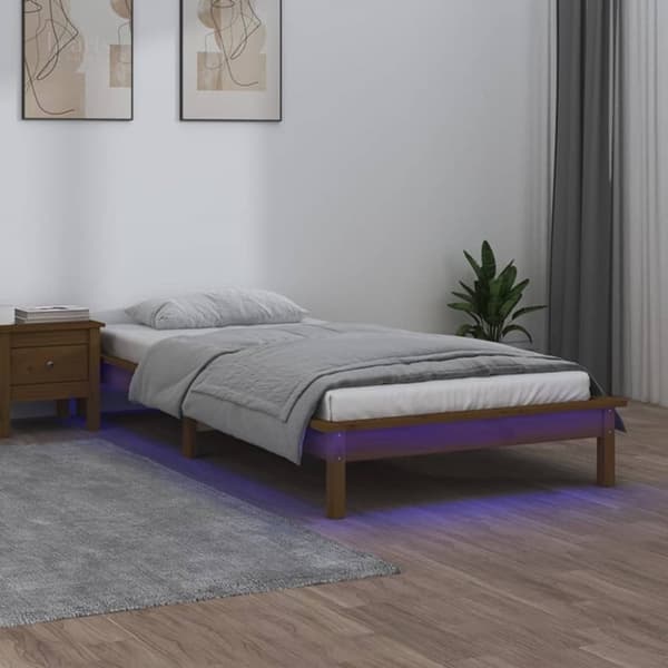 sengeramme med LED-lys 90x190 cm Single massivt træ gyldenbrun