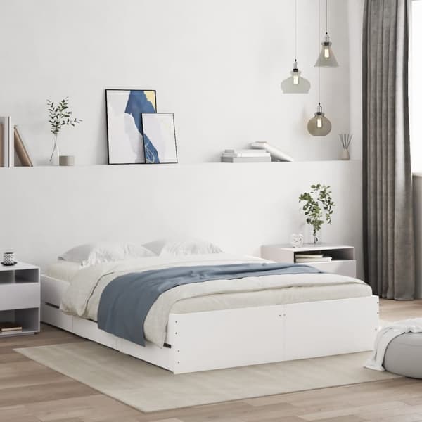 sengeramme med skuffer 135x190 cm konstrueret træ hvid højglans