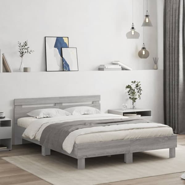 sengeramme med sengegavl 150x200 cm konstrueret træ grå sonoma