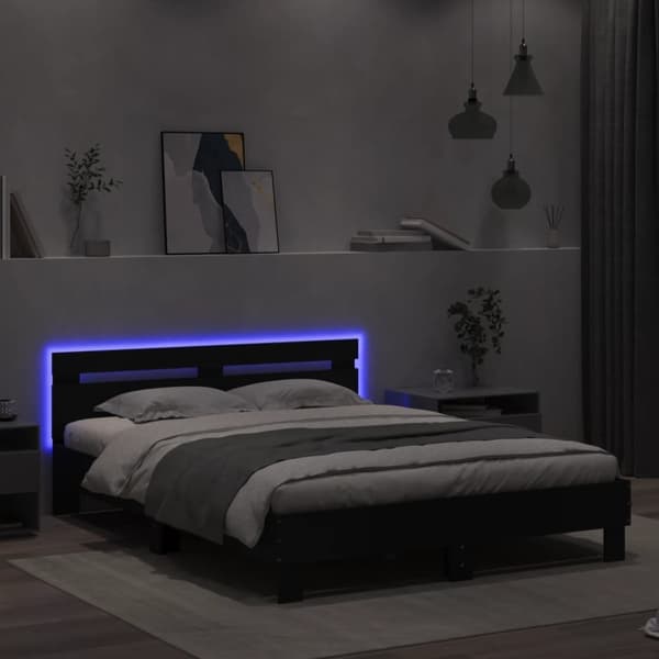 sengeramme med sengegavl og LED-lys 140x190 cm sort